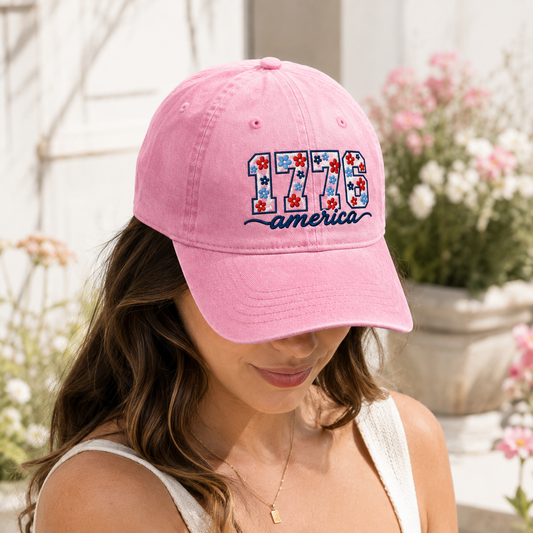 1776 America Floral Embroidered Washed Cap, Patriotic Coquette Hat for Fourth of July - washed cap - detail view