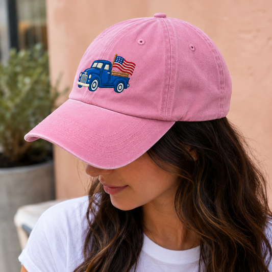 Blue Pickup Truck American Flag Washed Cap, Rustic July Fourth Dad Gift - washed cap - detail view
