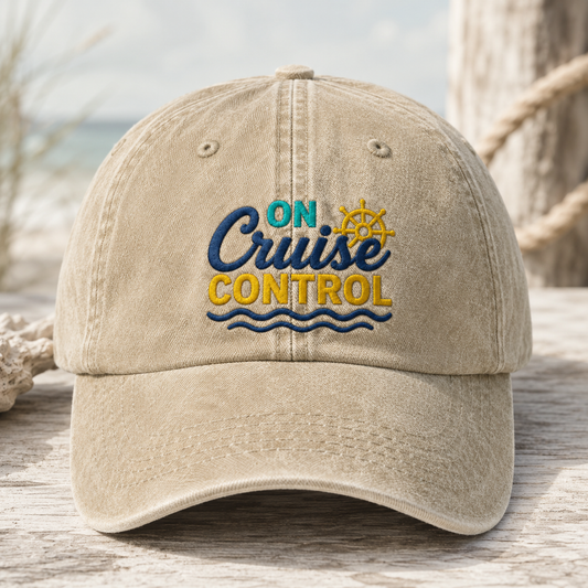On Cruise Control Washed Cap, Nautical Vacation Dad Hat for Beach Trips - Washed Cap - front view