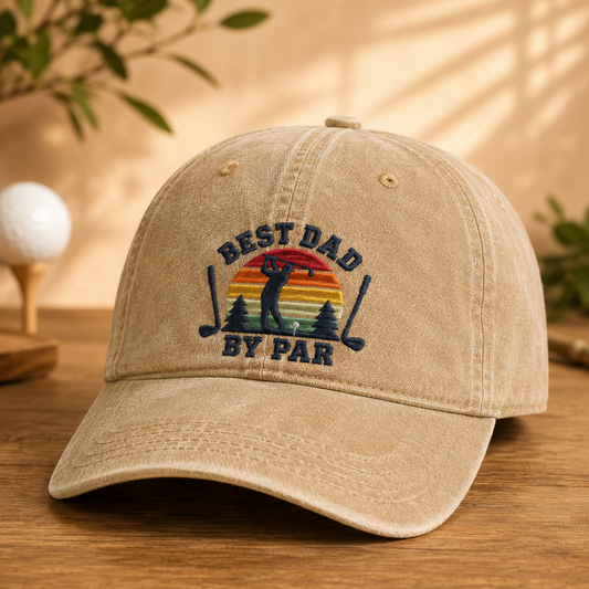 Best Dad By Par Golf Washed Cap, Retro Sunset Father's Day Gift - Washed Cap - detail view