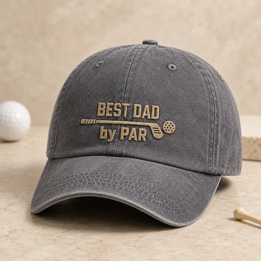 Best Dad by Par Embroidered Washed Cap, Golf Father Hat - Washed Cap - detail view