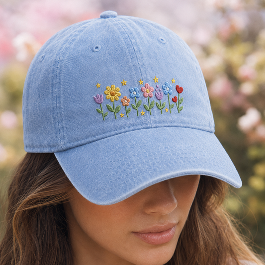 Embroidered Wildflower Washed Cap, Cottagecore Gift for Garden Lovers - Washed Cap - lifestyle view 4