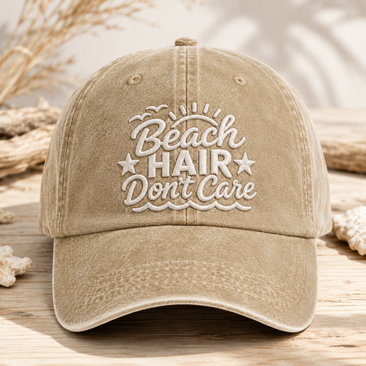 Beach Hair Don't Care Washed Cap, Summer Vacation Hat - Washed Cap - front view