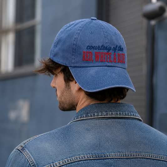 Courtesy Red White Blue Washed Cap, Patriotic USA Baseball Hat - washed cap - detail view