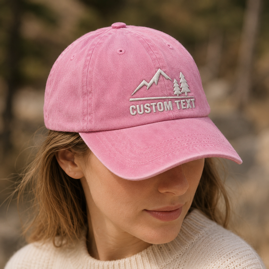 Custom Text Mountain Washed Cap, Personalized Hiking Hat for Outdoor Lovers - Washed Cap - detail view