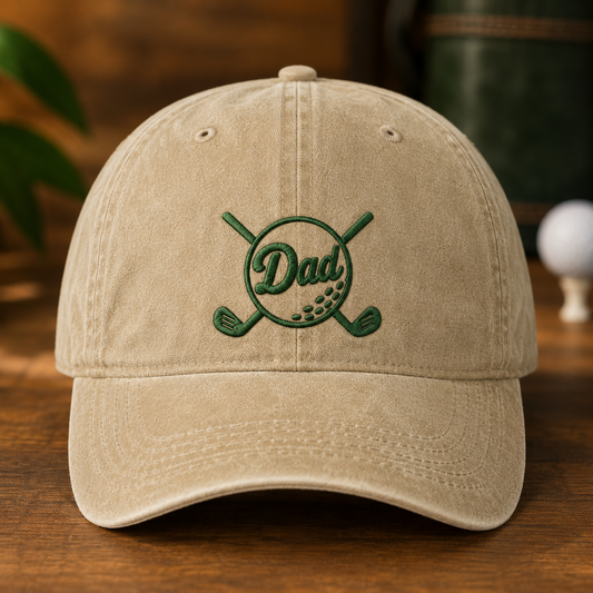 Dad Golf Washed Cap, Embroidered Clubs Hat for Father's Day - Washed Cap - front view