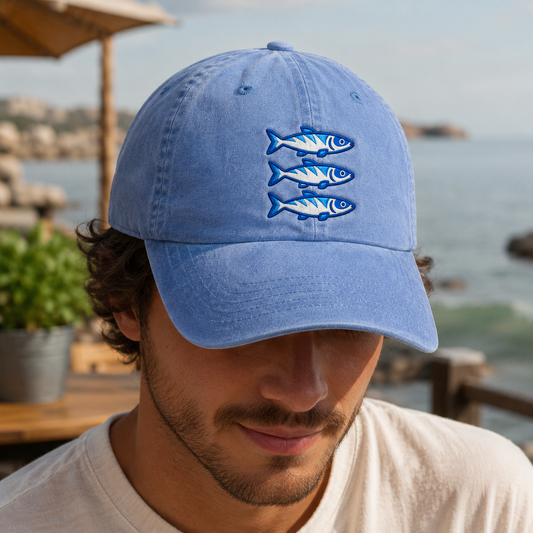 Three Blue Sardines Washed Cap, Embroidered Fish Hat for Seafood Lovers - Washed Cap - detail view