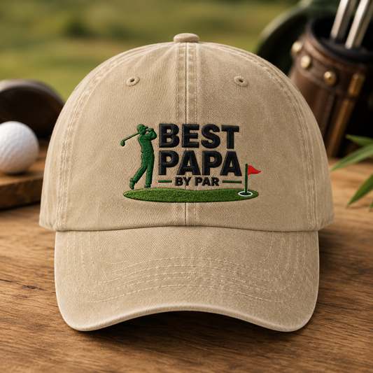 Papa By Par Golf Washed Cap, Embroidered Grandpa Father's Day Gift - Washed Cap - front view
