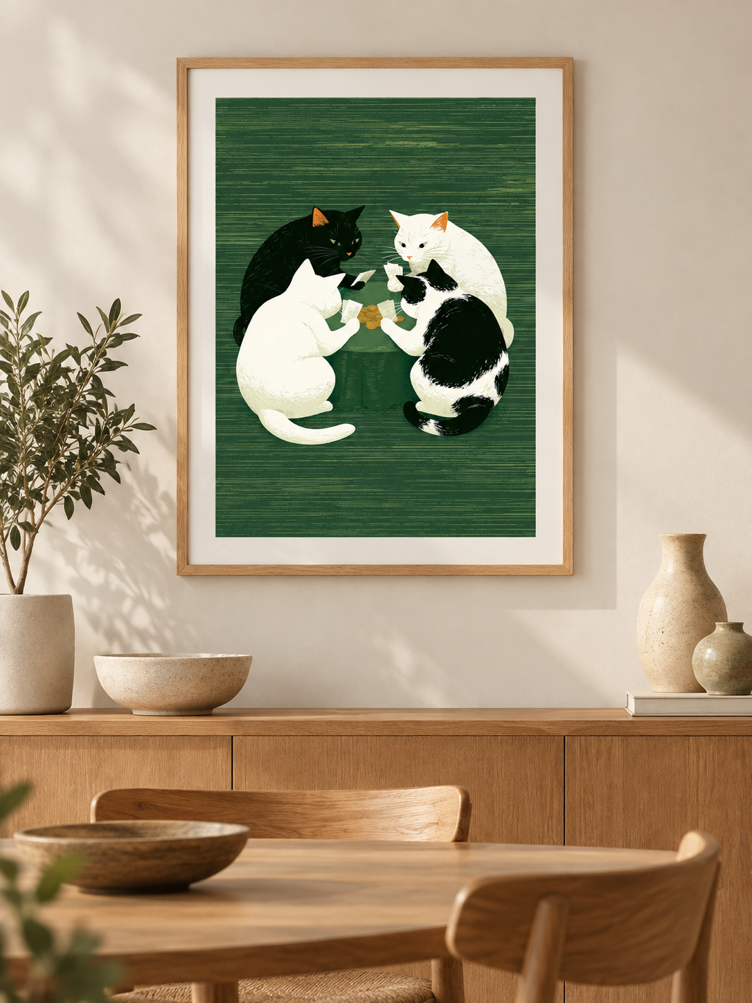 Cats Playing Cards Poster - Wall Art Decor - alternate angle - cats playing cards poster, green cat wall art