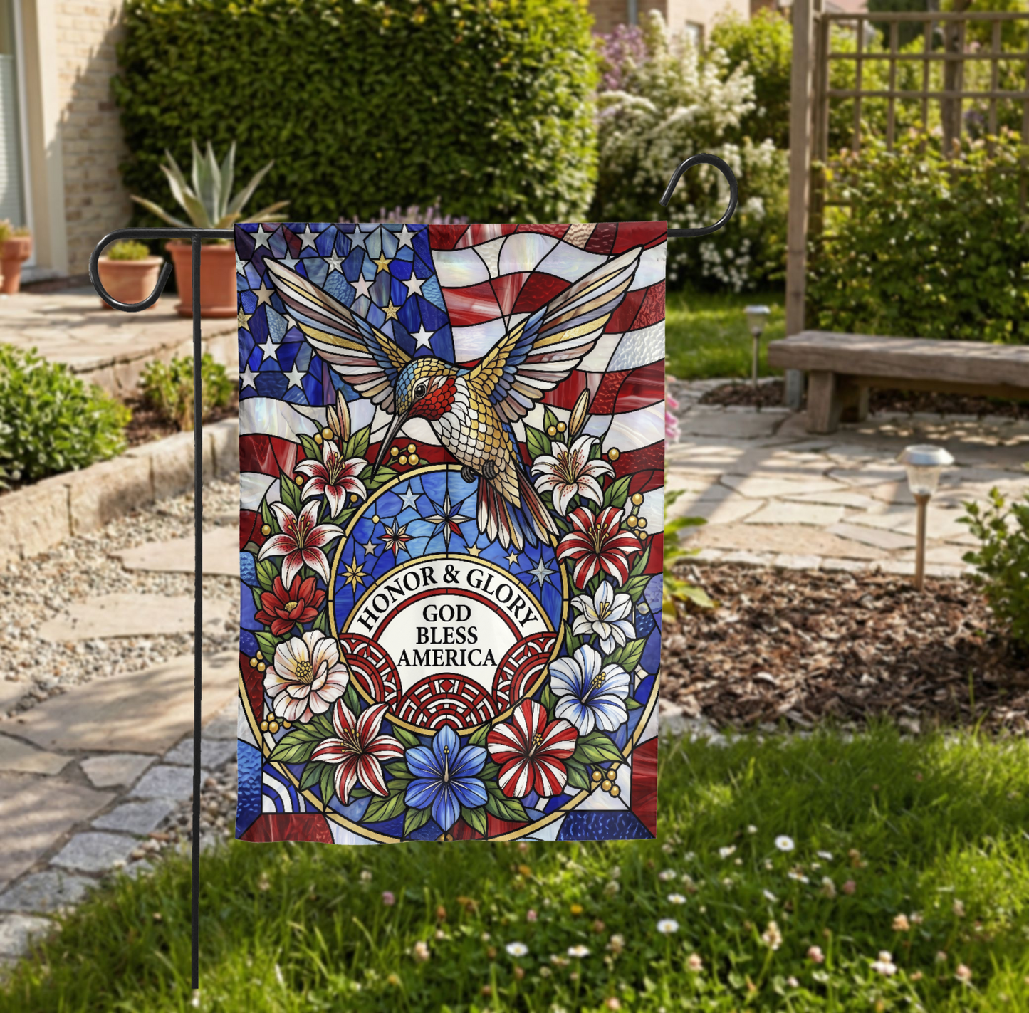 Stained Glass Patriotic Garden Flag, Hummingbird God Bless America House Flag, 4th of July Outdoor Decor, Memorial Day Gift, Digital Option - Garden Flag - packaging