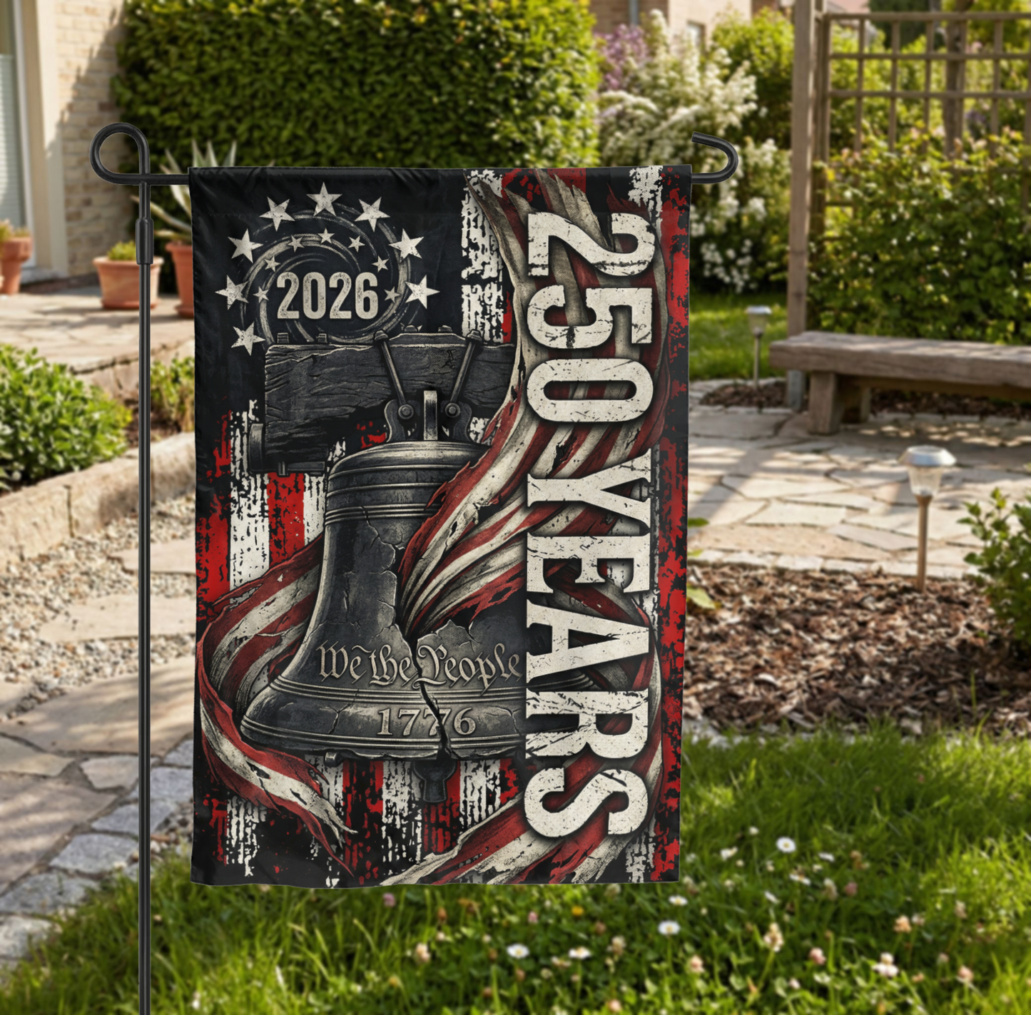 USA 250th Anniversary Garden Flag, 2026 Patriotic Yard Decor, Rustic Liberty Bell 1776 Design, America 250 Outdoor Sign, Digital or Print - Garden Flag - close-up