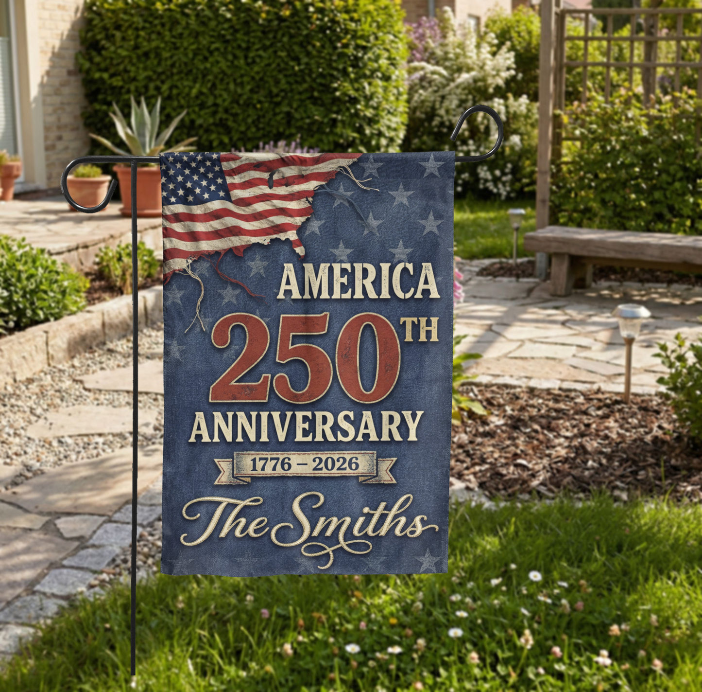 Personalized America 250th Anniversary Garden Flag, 1776-2026 Patriotic Decor, Vintage USA Semiquincentennial Yard Sign, Custom Family Name - Garden Flag - close-up