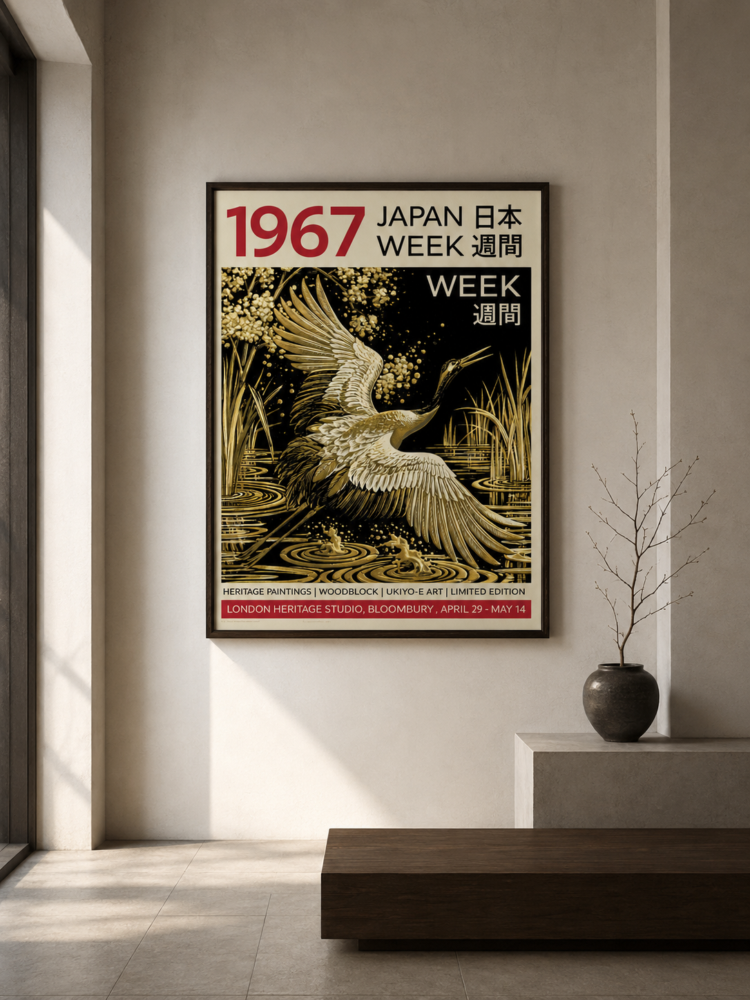 Golden Crane Poster - Wall Art Decor - alternate angle - golden crane poster, black gold wall decor