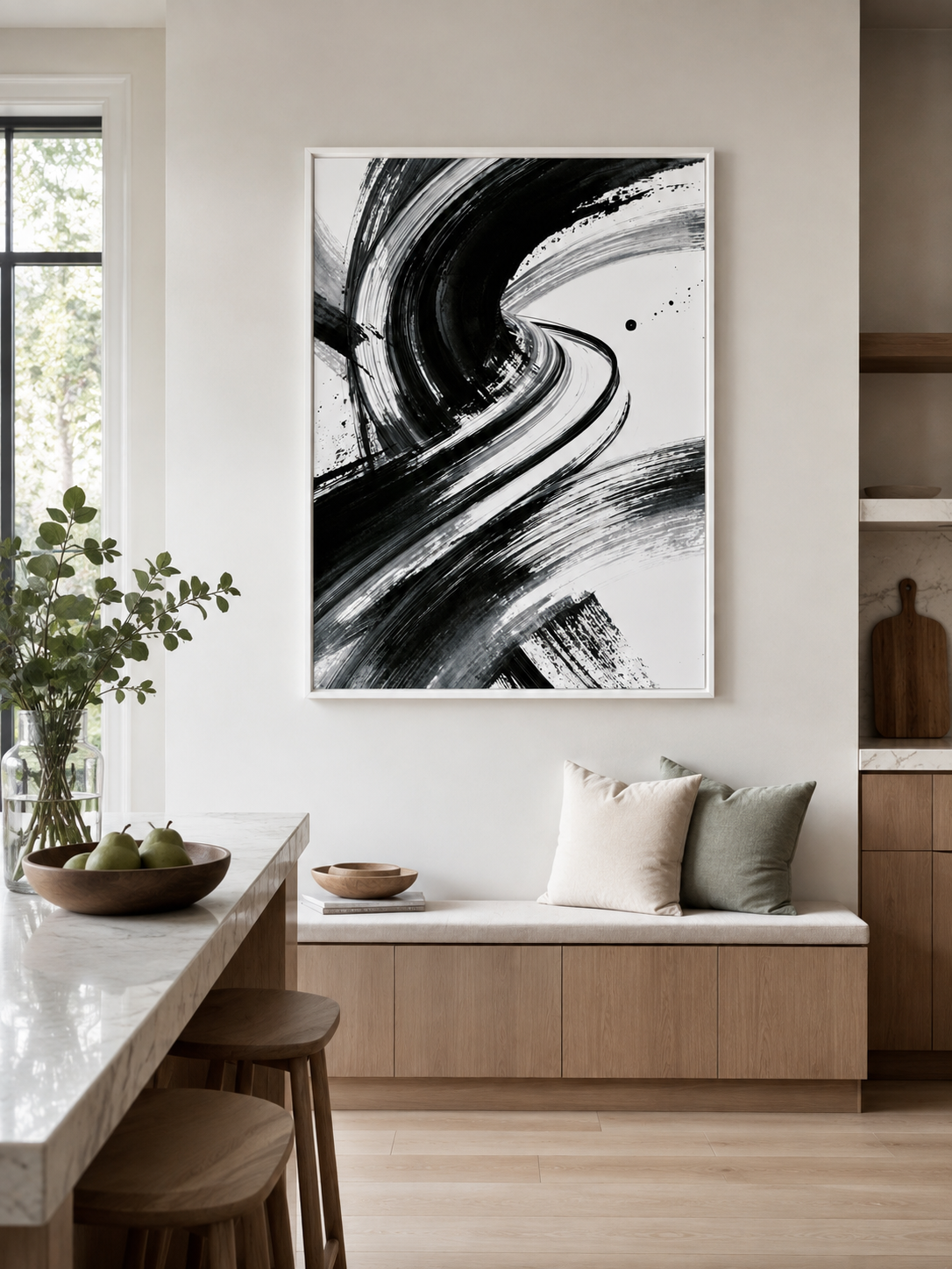Monochrome Brushstroke Wall Art - Wall Art Decor - alternate angle - monochrome brushstroke wall art, black white art print
