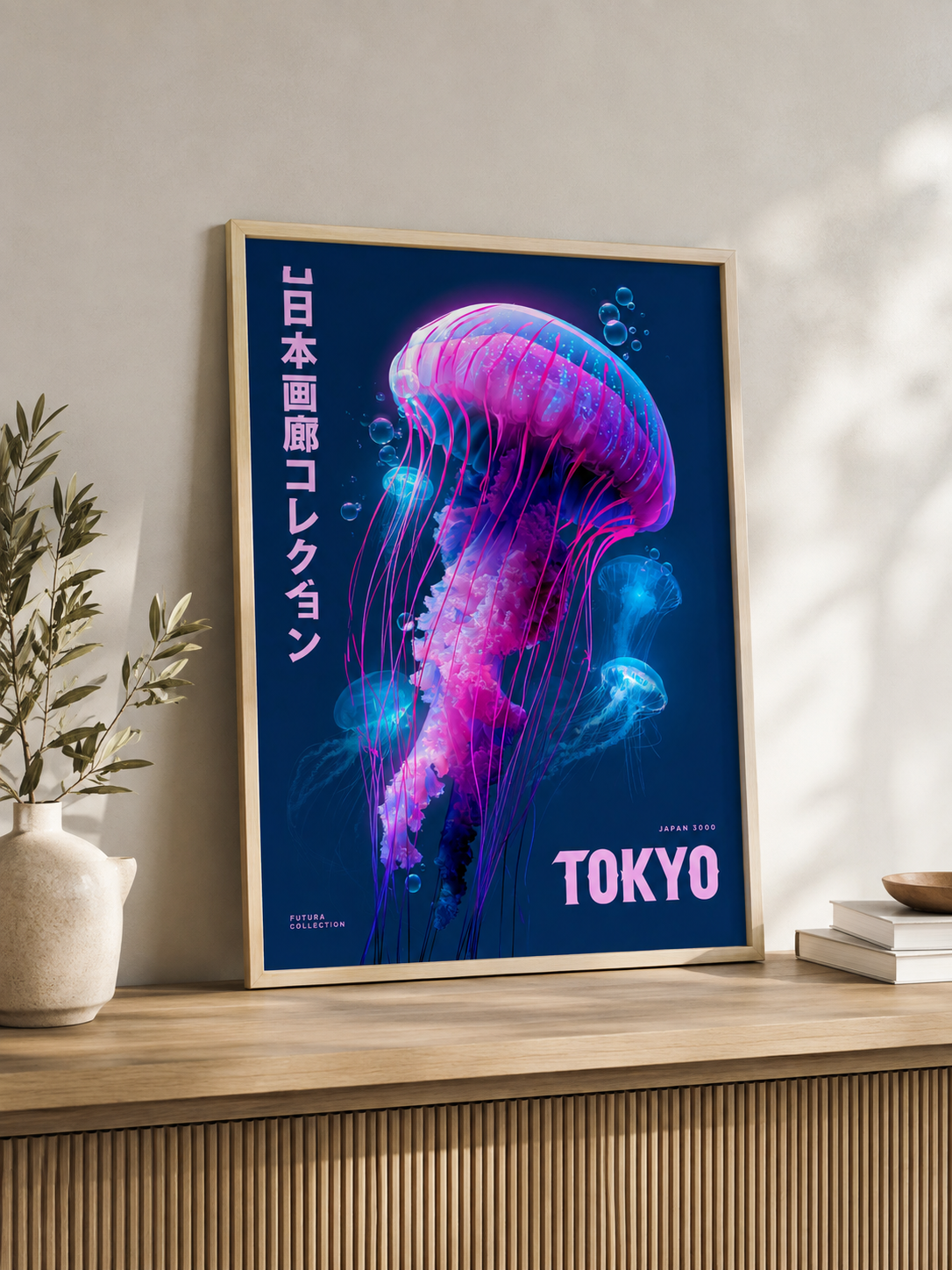 Neon Jellyfish Poster - Wall Art Decor - alternate angle - jellyfish art print, neon japanese wall art