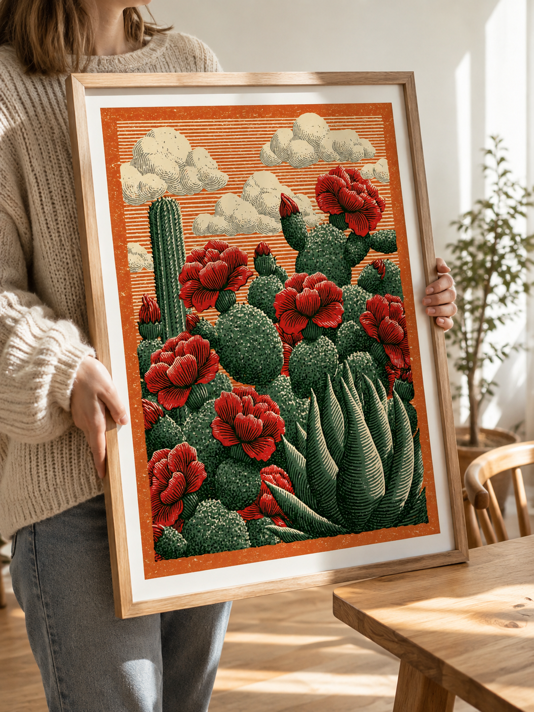 Affiche Cactus Fleurs Rouges - Wall Art Decor - alternate angle - prickly pear art print, mexican cactus wall art