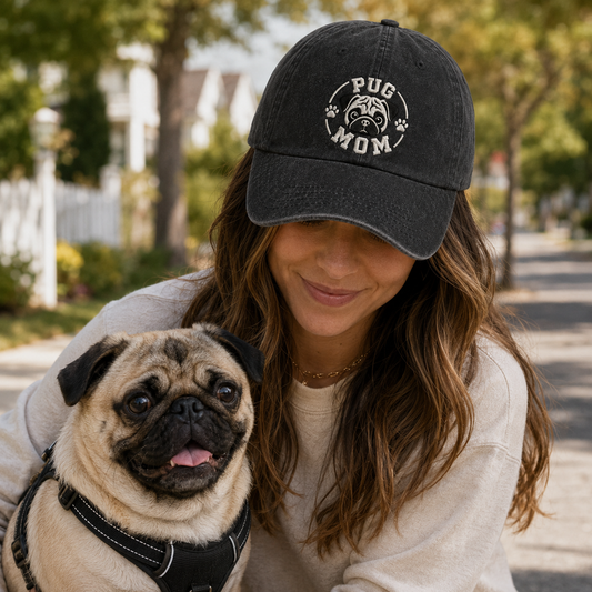 Pug Mom Embroidered Washed Cap - Washed Cap - side view