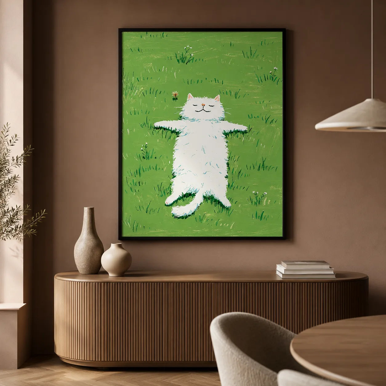 White Cat in Green Meadow Wall Art Decor - Wall Art Decor - view 11