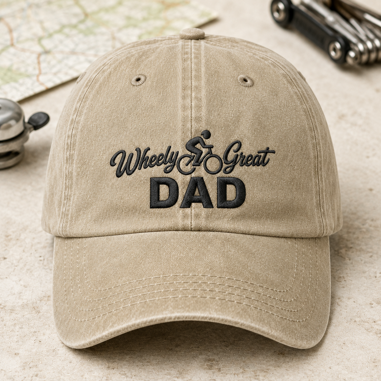 Wheely Great Dad Washed Cap, Funny Cycling Father Gift - Washed Cap - detail view