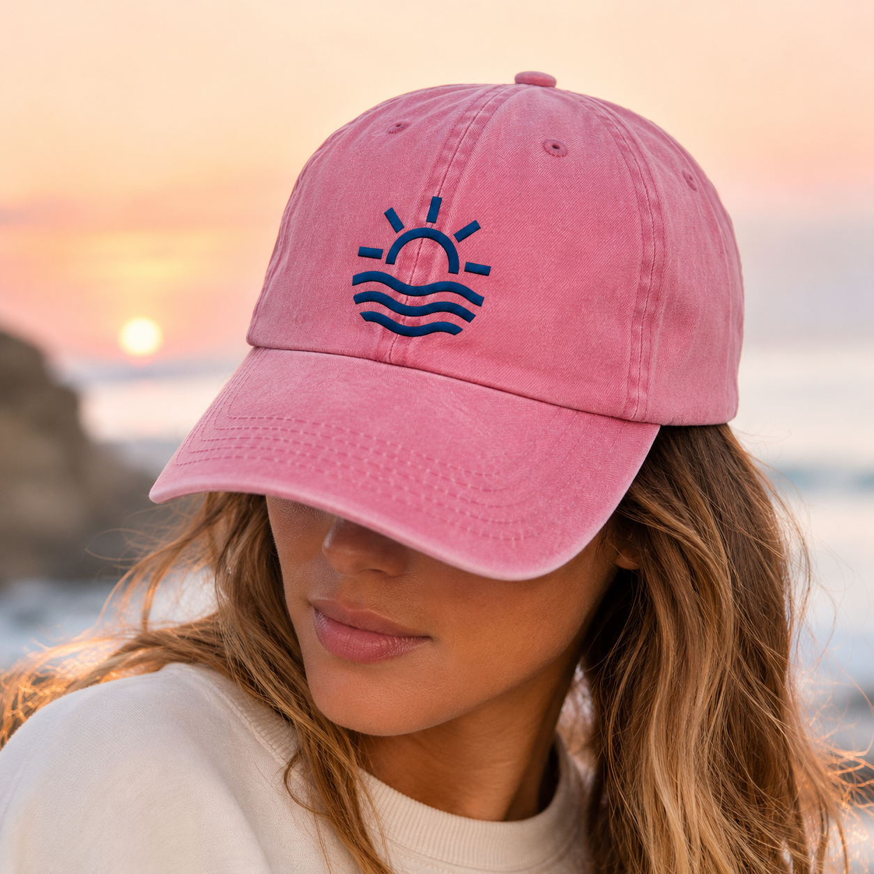 Minimalist Sun and Waves Washed Cap, Beach Hat for Summer - Washed Cap - lifestyle view 4