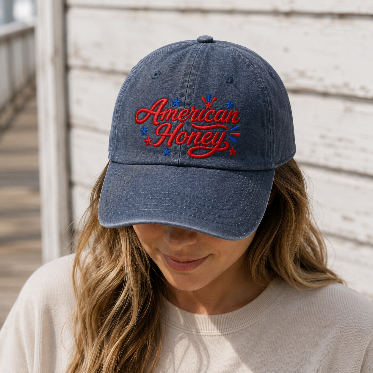 American Honey Washed Cap, Patriotic Embroidered Hat for 4th of July - washed cap - detail view