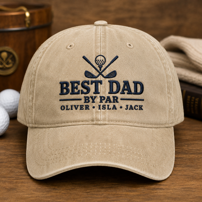 Best Dad By Par Washed Cap, Personalized Father's Day Gift with Kids Names - Washed Cap - front view