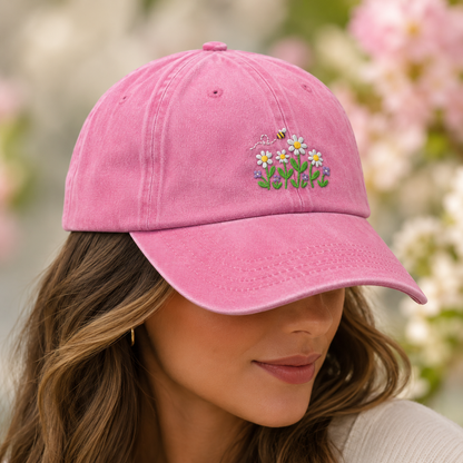 Daisy Bee Embroidered Washed Cap, Botanical Baseball Hat for Garden Lovers - Washed Cap - lifestyle view 4