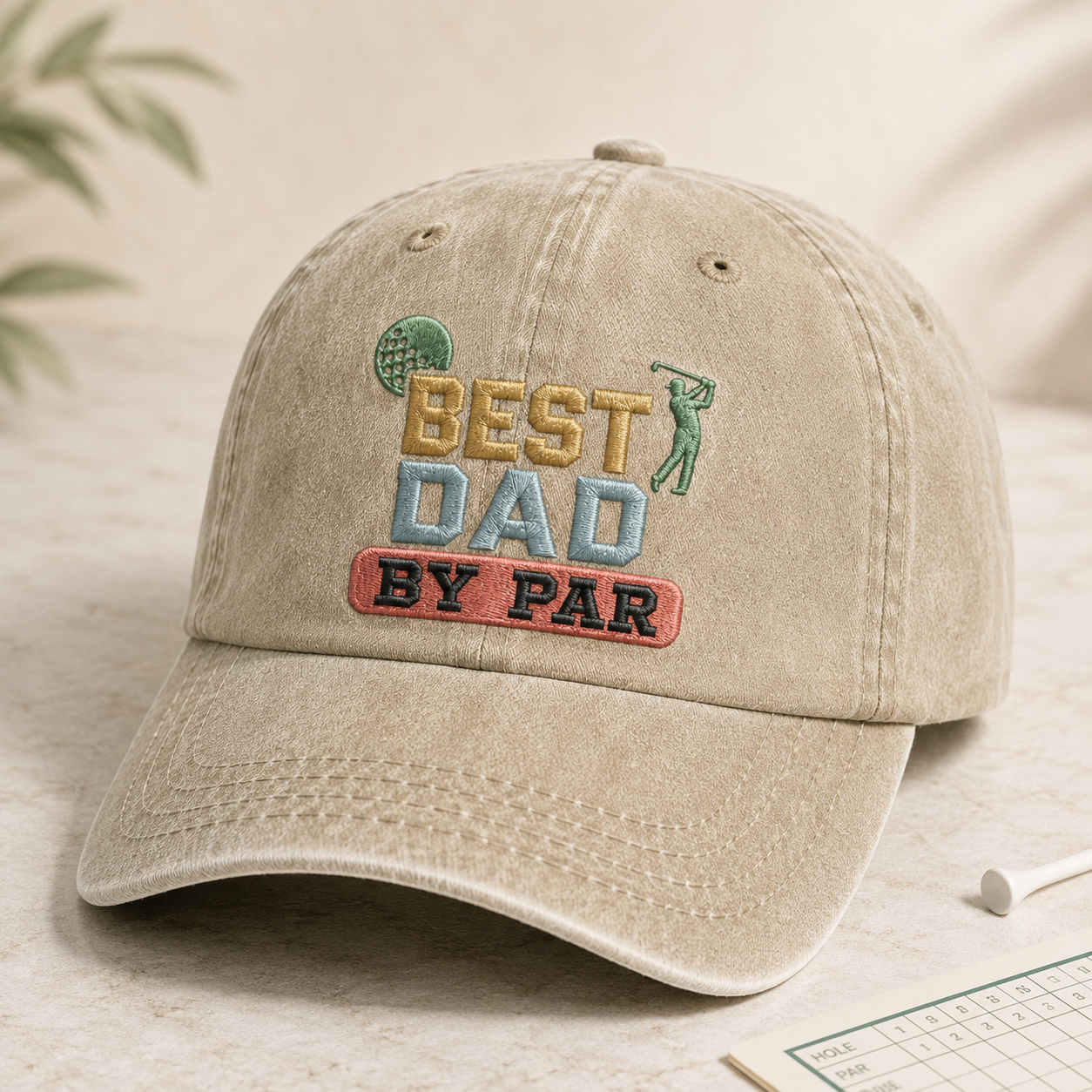 Best Dad By Par Washed Cap, Golf Dad Embroidered Hat for Father's Day - Washed Cap - detail view