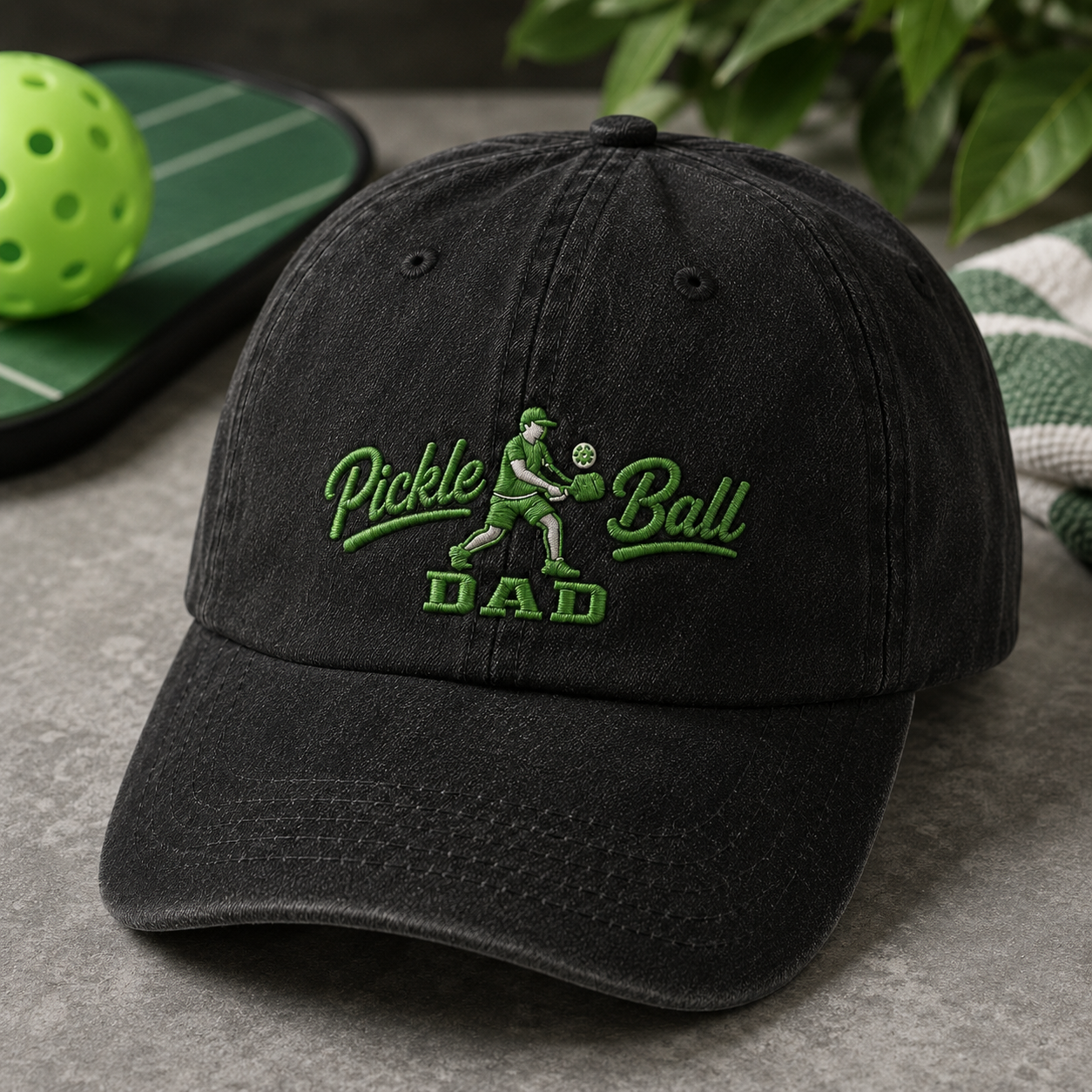 Pickle Ball Dad Washed Cap, Embroidered Player Hat Gift - Washed Cap - detail view