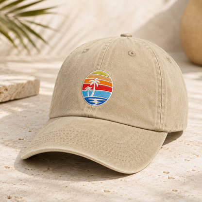 Tropical Sunset Palm Tree Washed Cap, Beach Vacation Hat for Coastal Summer Style - Washed Cap - detail view