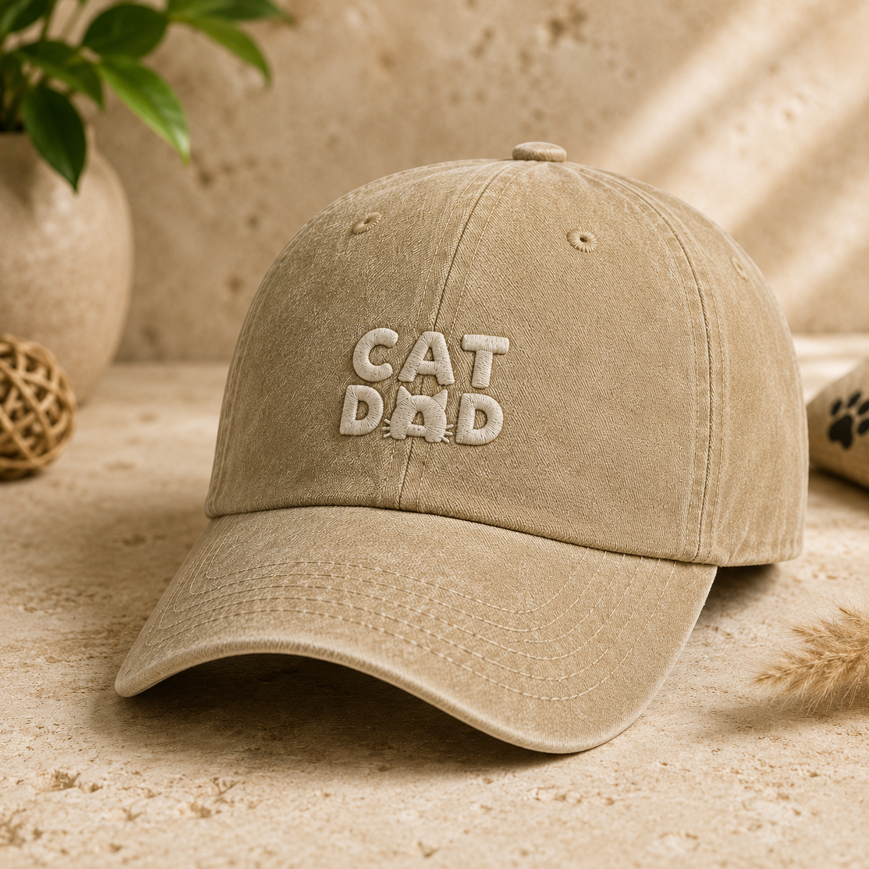 Cat Dad Embroidered Washed Cap, Cat Owner Baseball Hat - Washed Cap - detail view