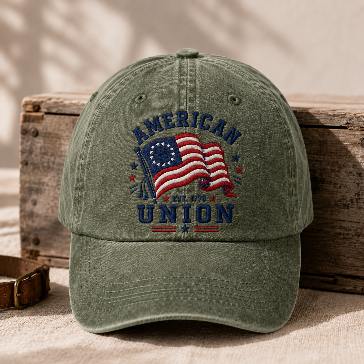 American Union Washed Cap, Est. 1776 Flag Design, Patriotic Embroidered Dad Hat - washed cap - lifestyle view 5
