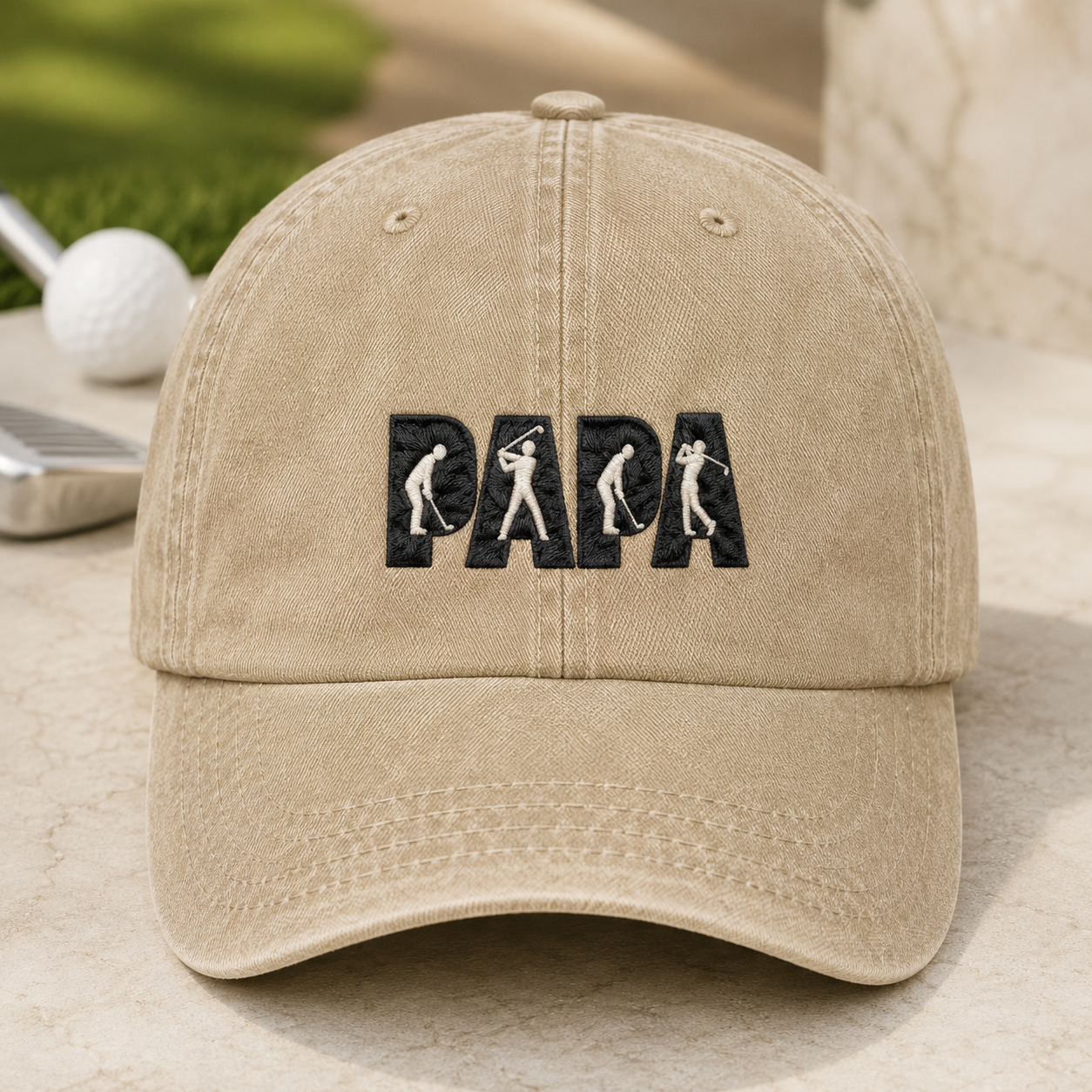 Papa Golf Washed Cap, Embroidered Dad Golfer Father's Day Gift - Washed Cap - front view