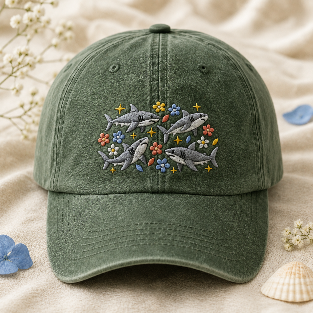 Floral Shark Washed Cap, Ocean Lover Embroidered Hat - Washed Cap - lifestyle view 2