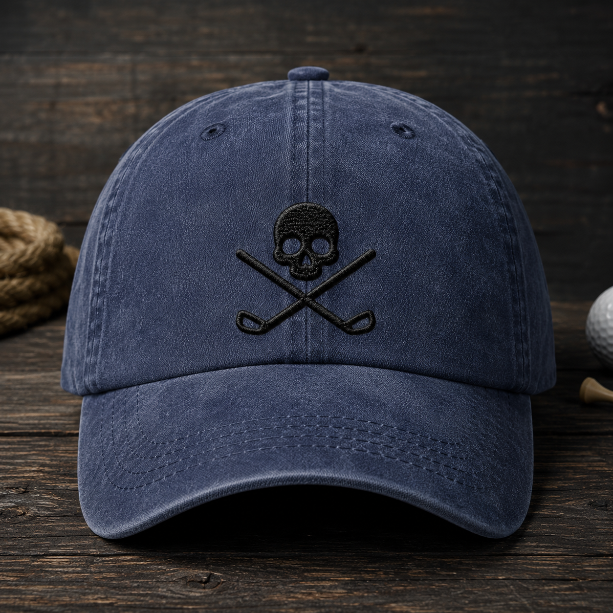 Skull Golf Washed Cap, Crossed Clubs Hat for Golfers - Washed Cap - front view