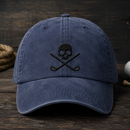 Skull Golf Washed Cap, Crossed Clubs Hat for Golfers - Washed Cap - front view