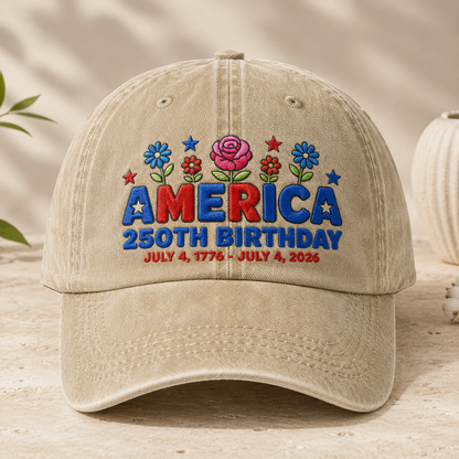 America 250th Birthday Washed Cap, July 4 1776-2026 Patriotic Hat - washed cap - front view