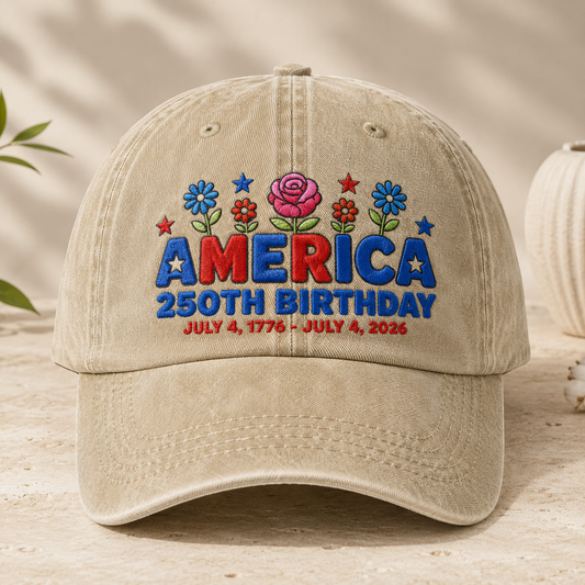 America 250th Birthday Washed Cap, July 4 1776-2026 Patriotic Hat - washed cap - front view