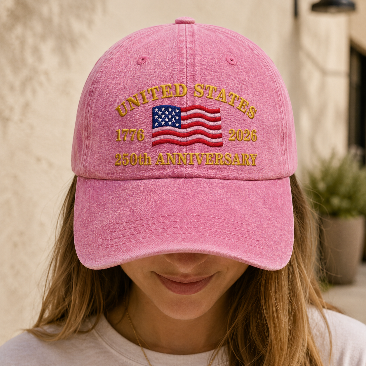 United States 250th Anniversary Washed Cap, 1776 2026 Embroidered Flag Hat - washed cap - detail view