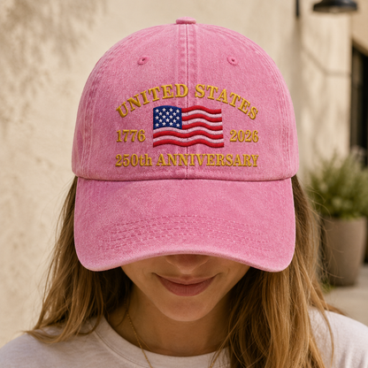 United States 250th Anniversary Washed Cap, 1776 2026 Embroidered Flag Hat - washed cap - detail view