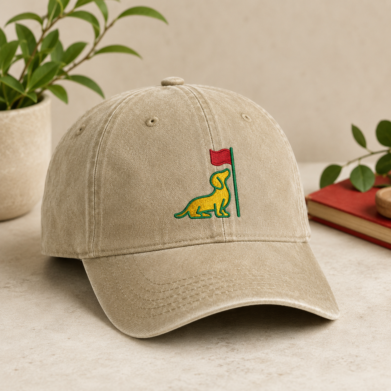 Dachshund Golf Flag Washed Cap, Embroidered Doxie Hat for Pet Owners - Washed Cap - detail view