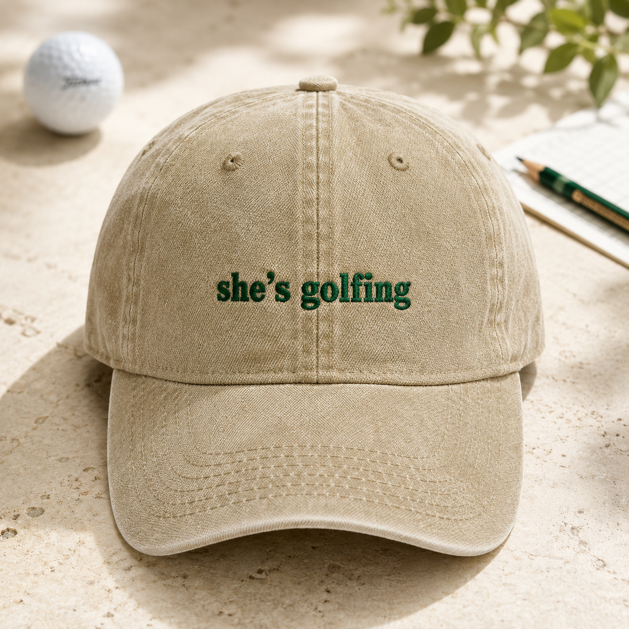 She's Golfing Washed Cap, Funny Golf Hat for Women Golfers - Washed Cap - detail view
