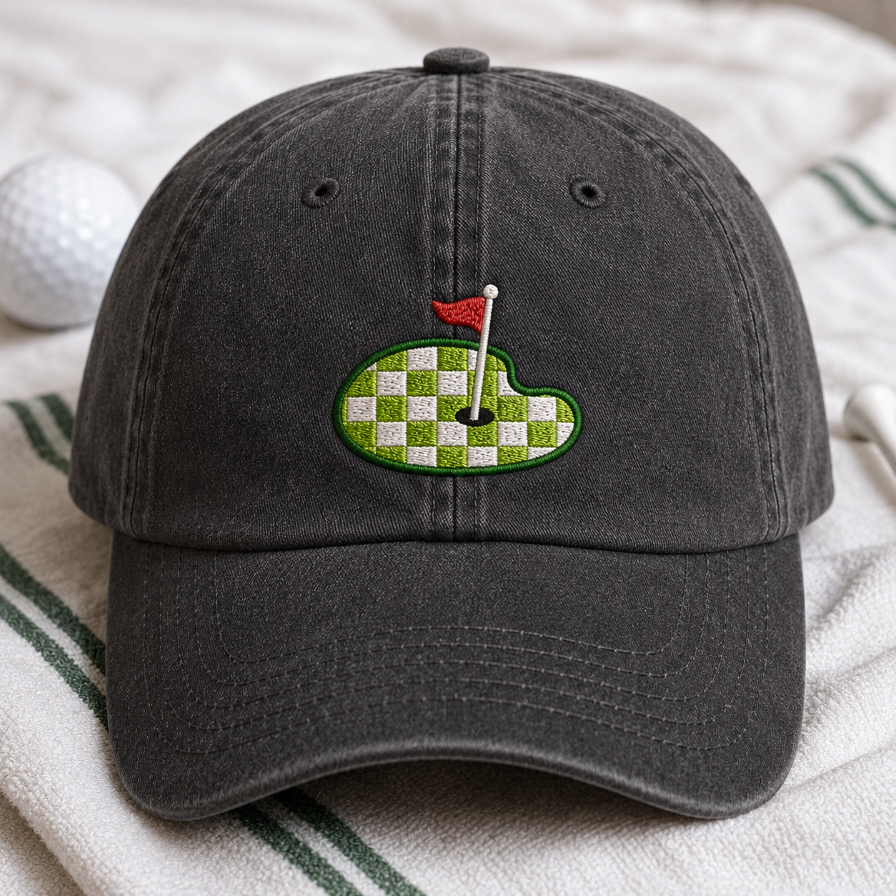 Checkered Golf Green Washed Cap, Embroidered Golf Flag Hat for Golfers - Washed Cap - lifestyle view 2