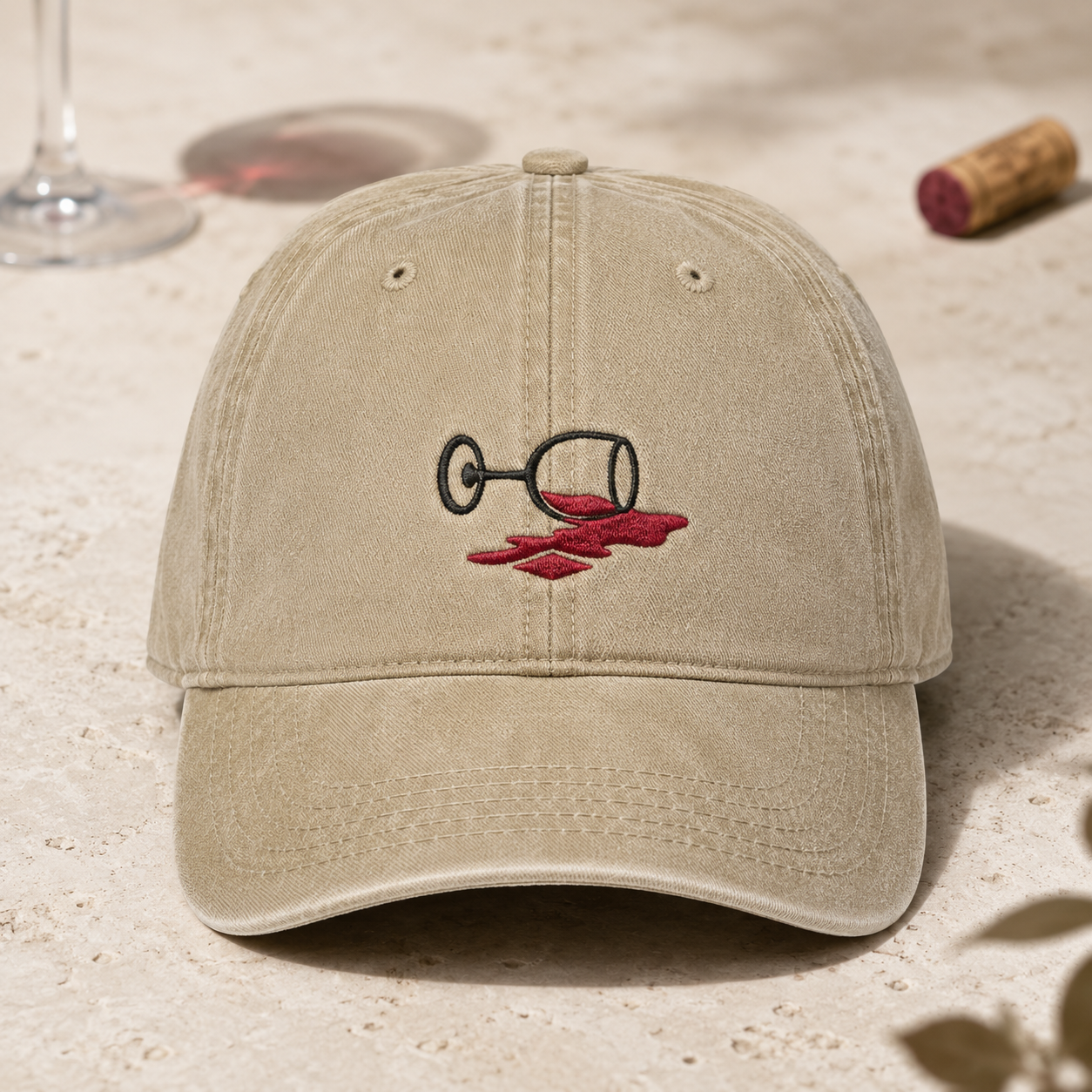 Spilled Red Wine Washed Cap, Embroidered Wine Glass Hat for Winery Trips - Washed Cap - front view