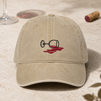 Spilled Red Wine Washed Cap, Embroidered Wine Glass Hat for Winery Trips - Washed Cap - front view