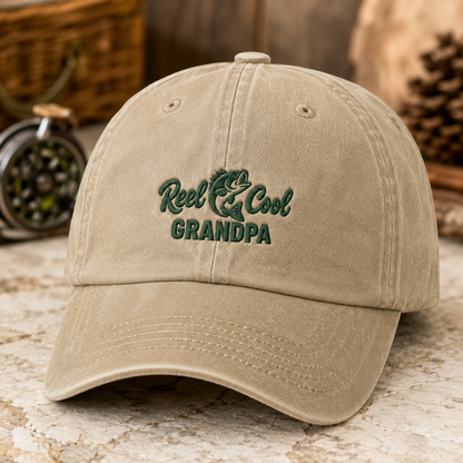 Reel Cool Grandpa Washed Cap, Fishing Grandpa Hat for Father's Day - Washed Cap - detail view