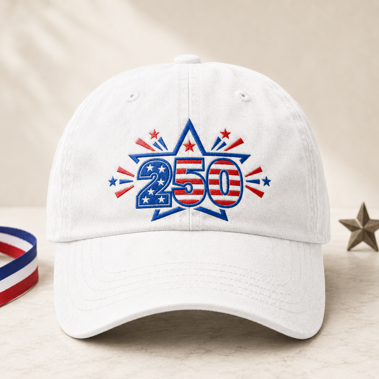 250 Patriotic Washed Cap, Red White Blue Stars USA 250th Birthday Hat - washed cap - front view
