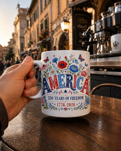 America 250 Years of Freedom Coffee Mug, 1776-2026 Patriotic Floral Gift - Mug - lifestyle view 4