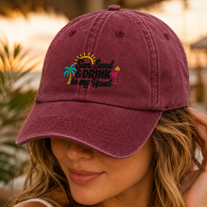 Sun Sand & Drink in my Hand Washed Cap, Beach Vacation Cocktail Hat - Washed Cap - lifestyle view 3