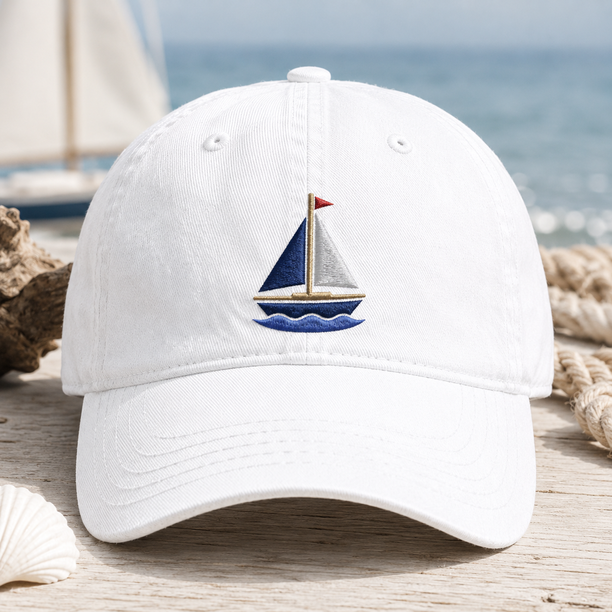 Embroidered Sailboat Washed Cap, Nautical Beach Hat for Boaters - Washed Cap - front view